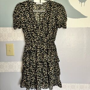 Purple Snow Black Floral Ruffle Mini Dress